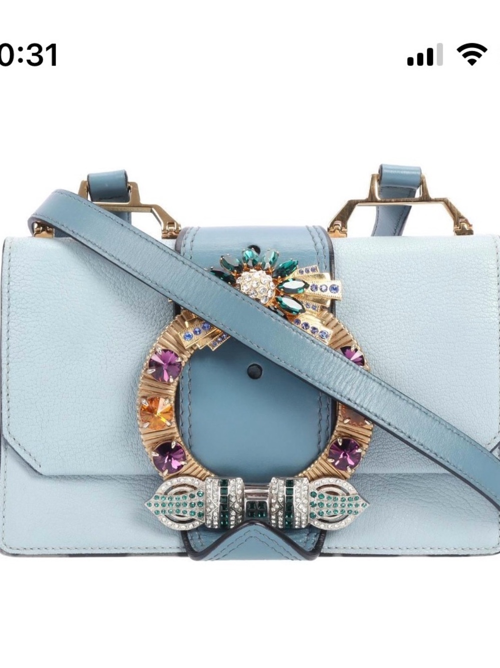 Miu Miu Blue Leather Statement Brooch Necklace with Multicolor Crystal Accents